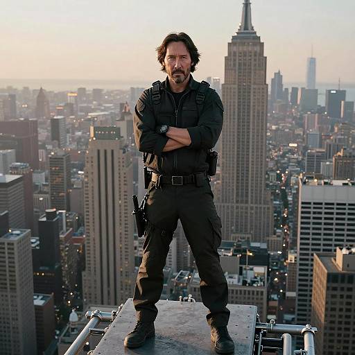 Photograph of a bearded man with dark hair, dressed in black tactical gear, standing on a rooftop overlooking a sprawling city skyline with the Empire State