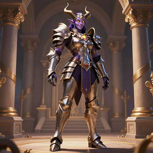 CGI image of a purple-skinned, horned demon woman in shiny, ornate silver armor, standing confidently in a grand, columned hall