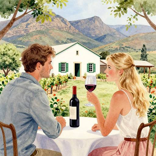 Photograph-style digital artwork of a romantic outdoor vineyard dinner: man in denim, woman in white dress, wine glass, bottle, mountain backdrop.