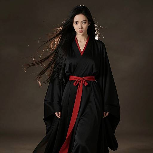 Photograph of an East Asian woman with long black hair, wearing a black kimono with red accents, standing against a dark, smoky background.
