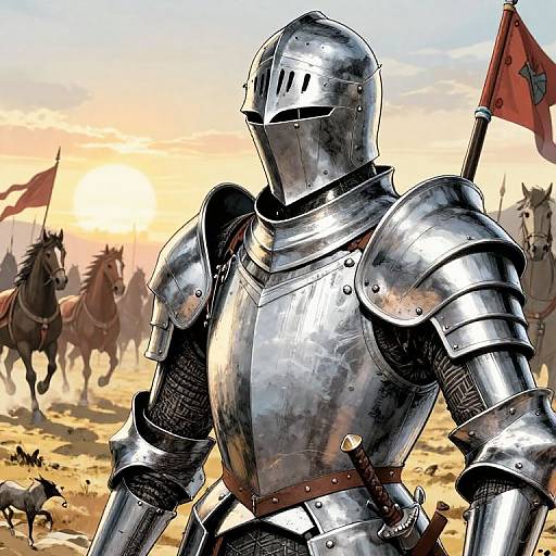 Digital painting of a shining, medieval knight in full armor with a closed-face helmet, standing in a sunset battlefield with horses, flags, and a dog