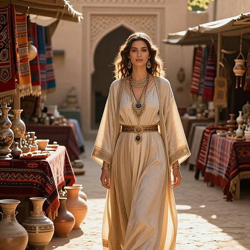 Photograph of a woman with wavy brown hair, wearing a beige, long-sleeved robe, adorned with jewelry, walking through a sunlit