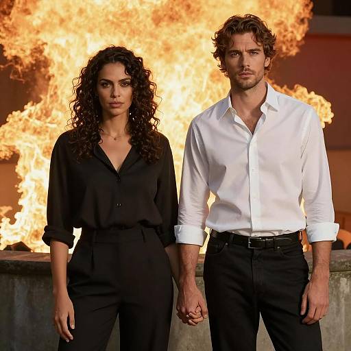 Serious Couple Standing Hand in Hand with Fiery Background