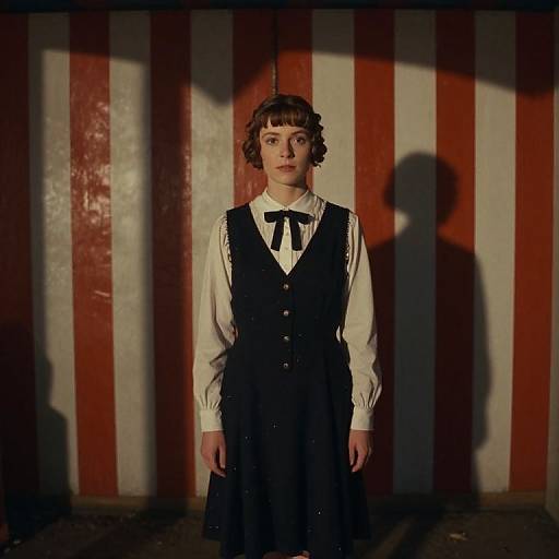Photograph of a young woman with short curly brown hair, wearing a white blouse and black vest with a ribbon, standing in front of red and white