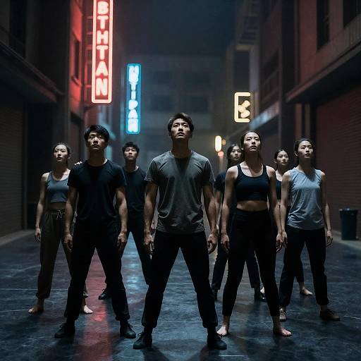 Group of dancers in neon-lit alley