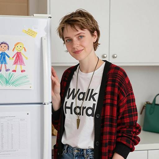 Young Woman Leaning on Fridge in Cozy Kitchen