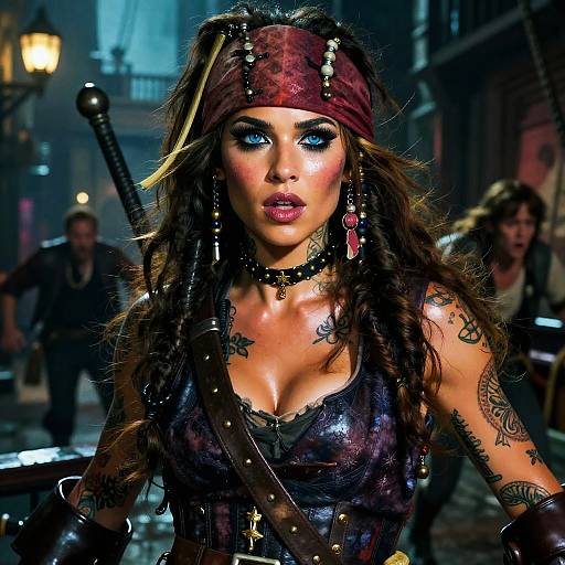 Fearless Tattooed Pirate Captain at Night