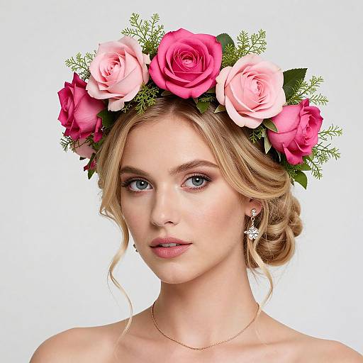 Photograph of a blonde woman with blue eyes, wearing a floral crown of pink and red roses, greenery, and a star-shaped earring,