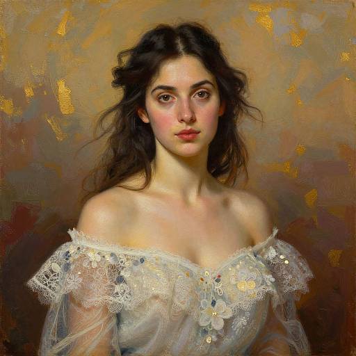 Digital painting of a young woman with fair skin and dark hair, wearing an off-shoulder lace dress with floral embroidery, against a textured golden-b