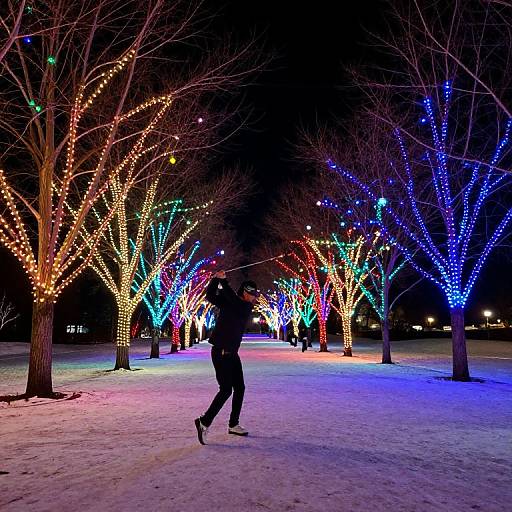 Golfers Swing Beneath Fairy Lights