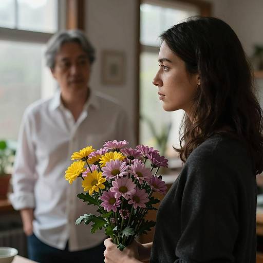 Profile Portrait with Chrysanthemums in Dim Light