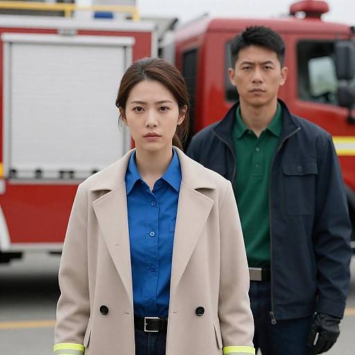 Serious Duo in Front of Fire Trucks