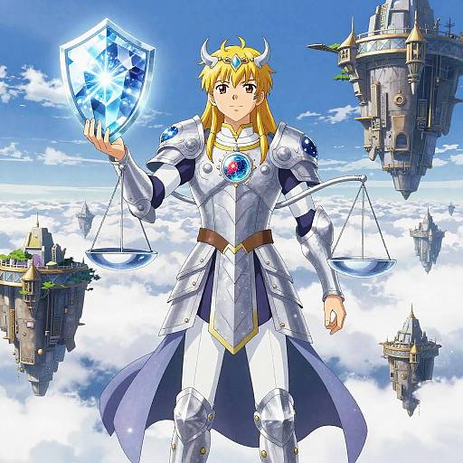 Anime-style digital artwork of a blonde, horned, armored warrior with a glowing shield and scales, floating among floating cities in a cloudy sky.
