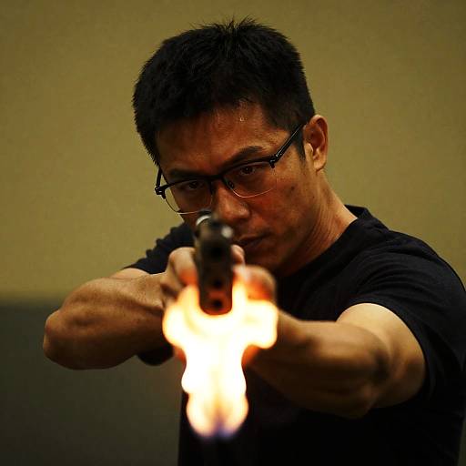 Man Firing Gun with Muzzle Flash
