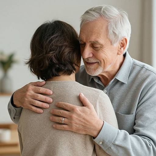 Photograph of an elderly man with white hair and gray beard, hugging a woman with short black hair from behind, smiling affectionately, wearing a