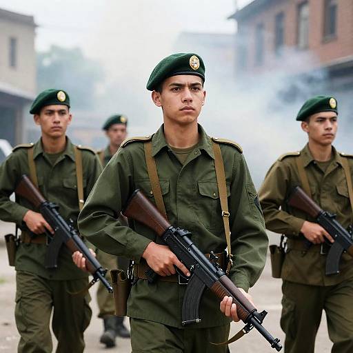Group of Soldiers in Green Uniforms with Rifles
