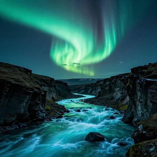 Photograph of a vibrant green aurora borealis over a rushing, turquoise river flanked by dark, rocky cliffs under a starry night sky.