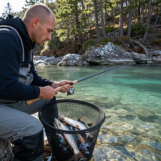 Photograph of a bald, fair-skinned man fishing by a clear, rocky stream, holding a rod with a fish basket containing caught fish. Forest