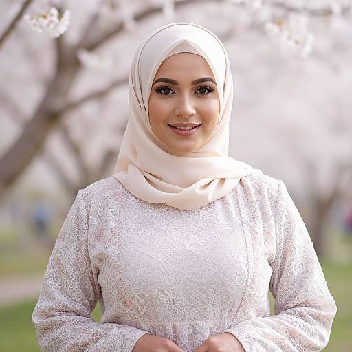 Photograph of a smiling woman with light brown skin, wearing a white hijab and textured white long-sleeve top, standing in a sunlit