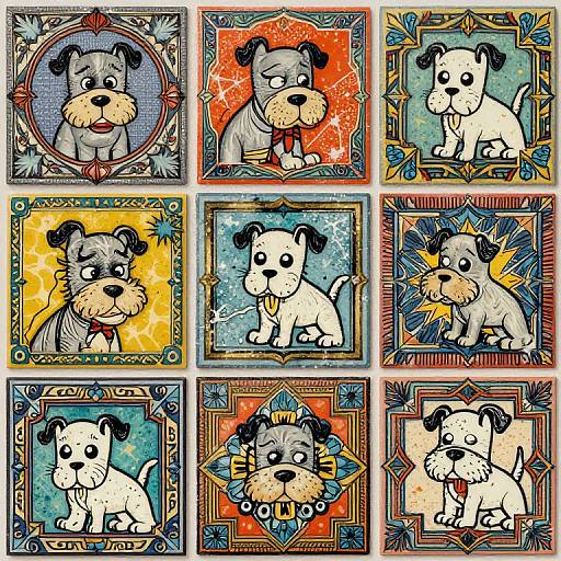 Cartoon grid of nine colorful, stylized dogs with varied expressions and backgrounds, each in ornate, patterned frames. Digital art.