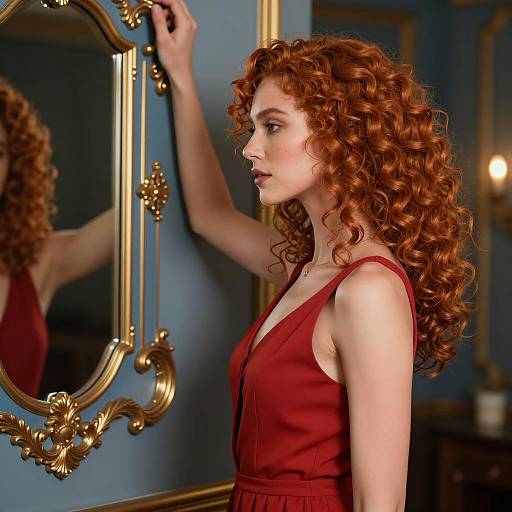 Woman with red curly hair by ornate mirror