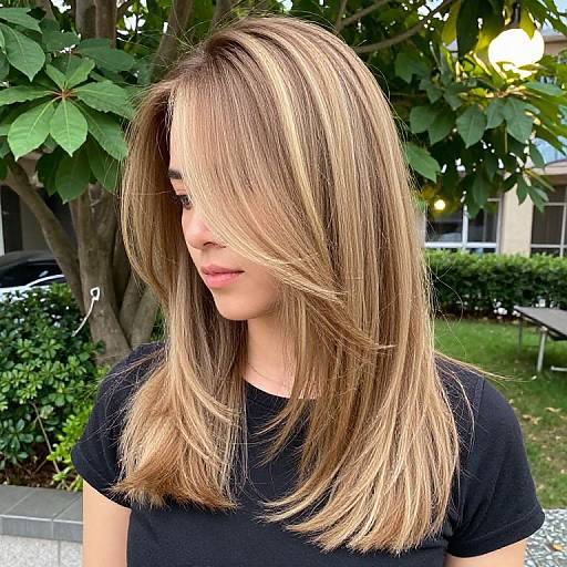 Photograph of a young woman with straight, shoulder-length blonde hair with subtle highlights, wearing a black shirt, standing outdoors by a leafy tree.