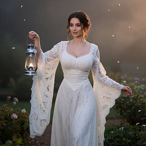 Photograph of a beautiful woman with dark hair in a white lace wedding dress, holding a lantern, standing in a misty garden at sunset.