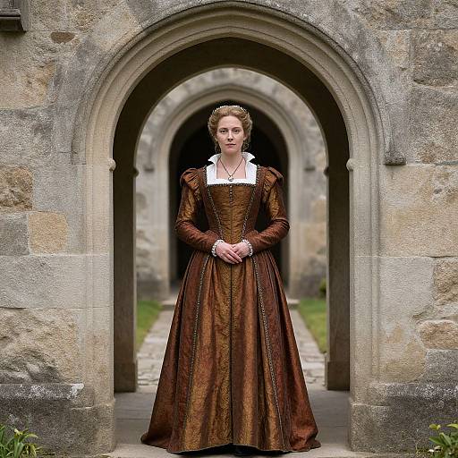 Photograph of a serious woman in a 16th-century brown velvet gown with white collar, standing in a stone archway corridor.