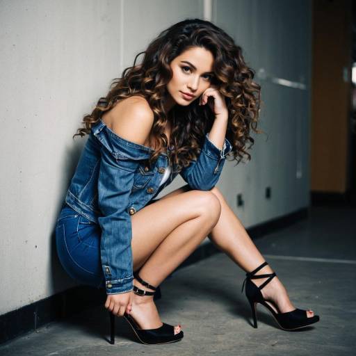Curly Haired Woman in Denim Jacket and Strappy Heels