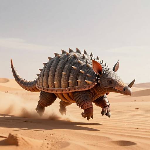 CGI image of a spiked, armored, rhinoceros-like creature with sharp horns, running through a sunlit, sandy desert landscape.