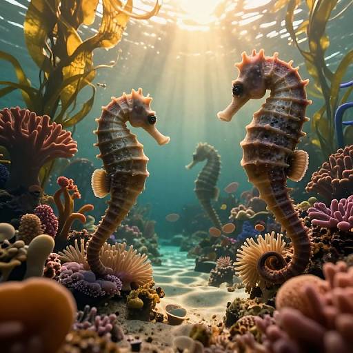 Photorealistic CGI of two seahorses facing each other in a vibrant, sunlit underwater coral reef, surrounded by colorful corals and small fish
