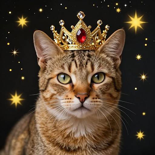 Photograph of a tabby cat with green eyes wearing a gold crown with a red gem, set against a black background with glowing yellow stars.