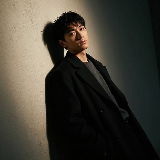 Photograph of an Asian man with short black hair, wearing a black coat and gray shirt, leaning against a textured wall in dramatic low-light. Shadow