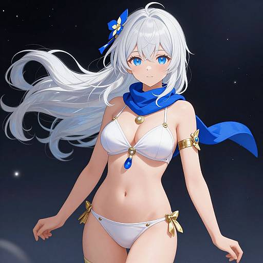 Anime-style digital illustration of a white-haired, blue-eyed girl in a white bikini with gold accents, blue scarf, and blue hairpin, standing against