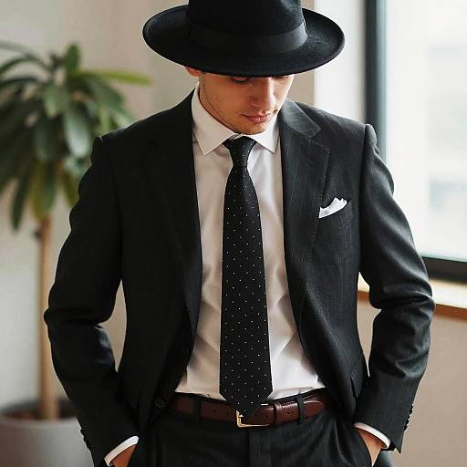 Photograph of a handsome man in a black pinstripe suit, white shirt, black polka dot tie, black hat, and white pocket square