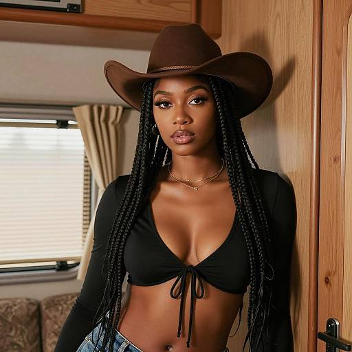 African-American Woman in Cowboy Hat Inside Camper