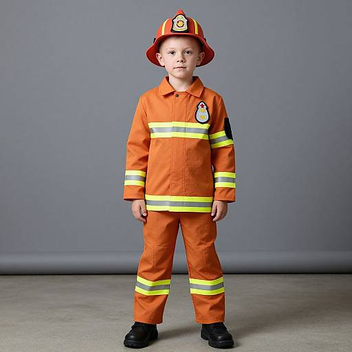Photograph of a young boy standing in front of a grey background, wearing a bright orange firefighter uniform with yellow stripes, red helmet, and black shoes