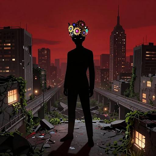 Silhouetted figure with a gear-shaped, multicolored crown stands in a ruined urban landscape at dusk, surrounded by tall buildings and a red