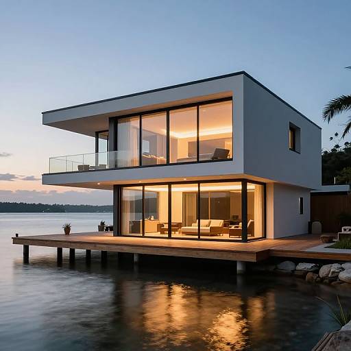 Photograph of modern, two-story house with large glass windows, illuminated interior, floating on a wooden pier at dusk by the water.