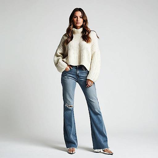 Stylish Woman in Chunky Knit Sweater and Bootcut Jeans