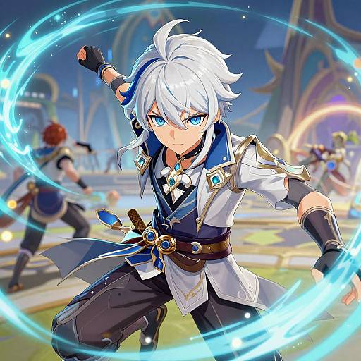 Digital anime-style drawing of a white-haired, blue-eyed male character with a determined expression, wielding glowing blue energy while dressed in a white and blue fantasy