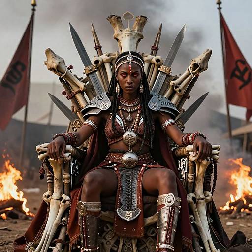 Photograph of a dark-skinned African warrior queen seated on a bone throne adorned with knives, surrounded by fires and red flags.