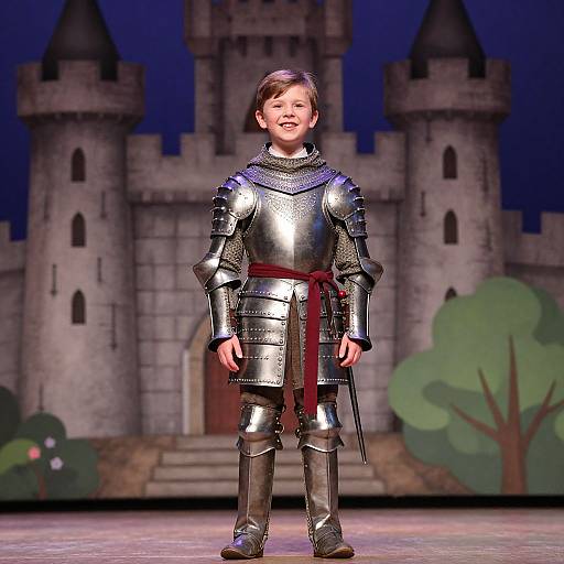 Photograph of a young boy in shiny silver medieval armor, smiling, standing on stage with a castle backdrop.