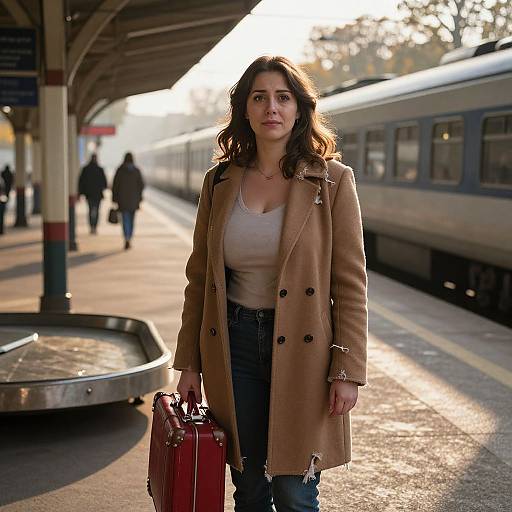Photograph of a brunette woman with wavy hair, wearing a tan coat, white top, and jeans, carrying a red suitcase, standing on a