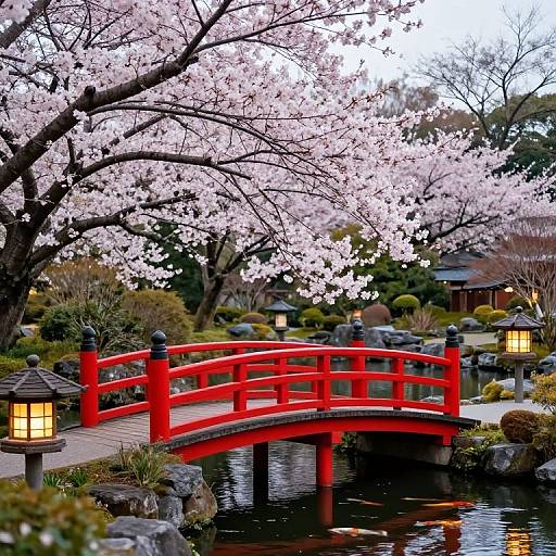 Photograph of a vibrant red Japanese bridge with cherry blossom trees in full bloom, reflected in a serene pond, surrounded by lanterns and traditional garden landscaping