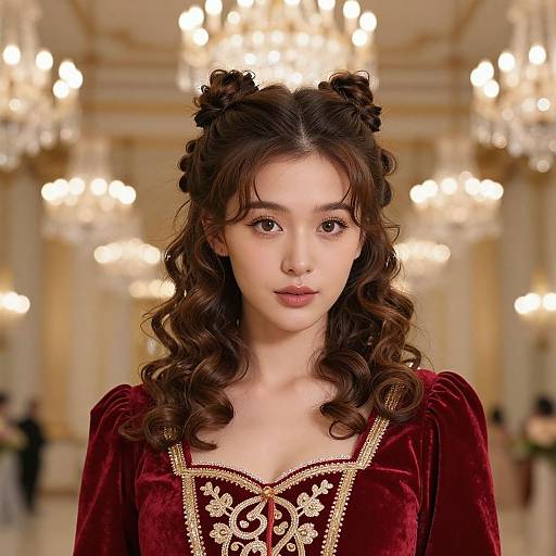 Photograph of a young woman with fair skin, brown curly hair in double buns, wearing a red velvet dress with gold embroidery, standing in a