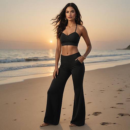 Confident Woman in Black Tube Top and Flared Yoga Pants on Beach
