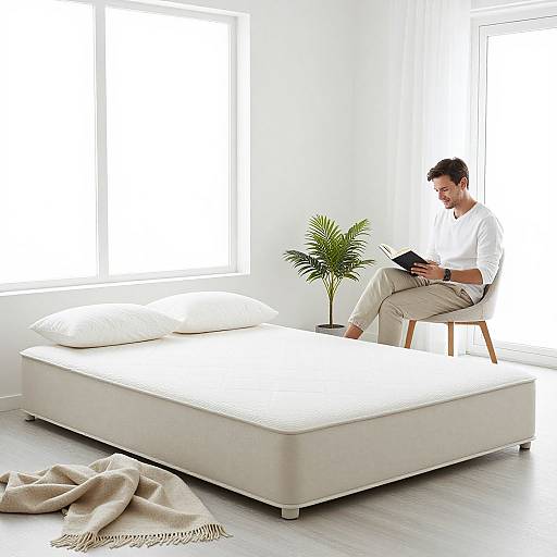 Photograph of a bearded man in white shirt and beige pants, reading on a chair beside a white, modern ottoman in a bright, minimalist