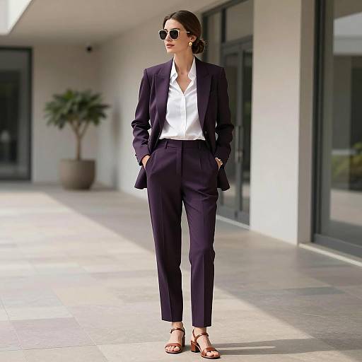 Woman in Eggplant Pant Suit in Modern Corridor