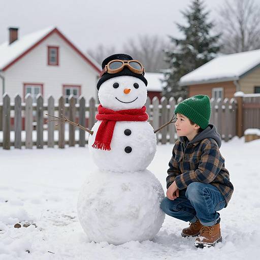 Winter Wonderland with Snowman and Boy